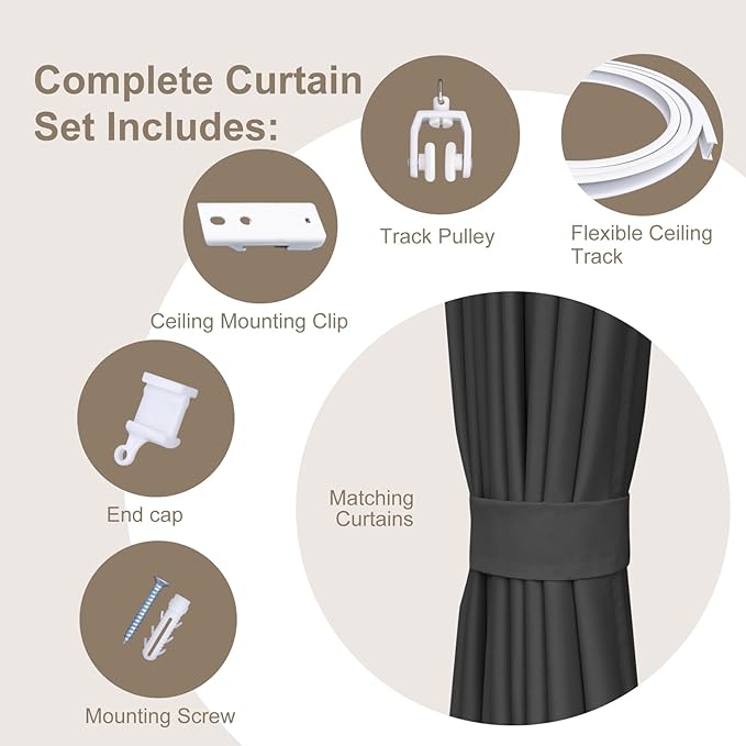 Room Divider Curtains & Flexible Bendable Tracks Set,Privacy Dividers Ceiling Track Curtain Window Blackout Curtains for Living Room Bedroom (W150 × H84 in 1 Panel Black Drape & White Rail)