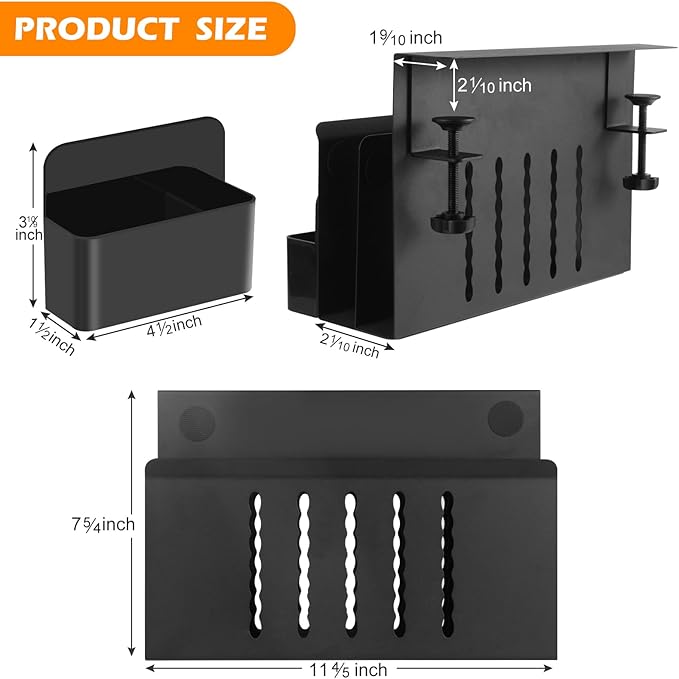 Desk Side Storage, 2 Tier Steel Hanging Organizer, No Drill Side Desk Organizer, Laptop Holder, with Pen Holder, For Office Supplies & Studio Essentials Black