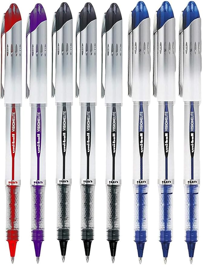 Vision Elite Rollerball Pens, Bold Point (0.8mm), Black/Blue/Red/Purple Ink, 8 count, Bundle with Plastic Reusable Pouch