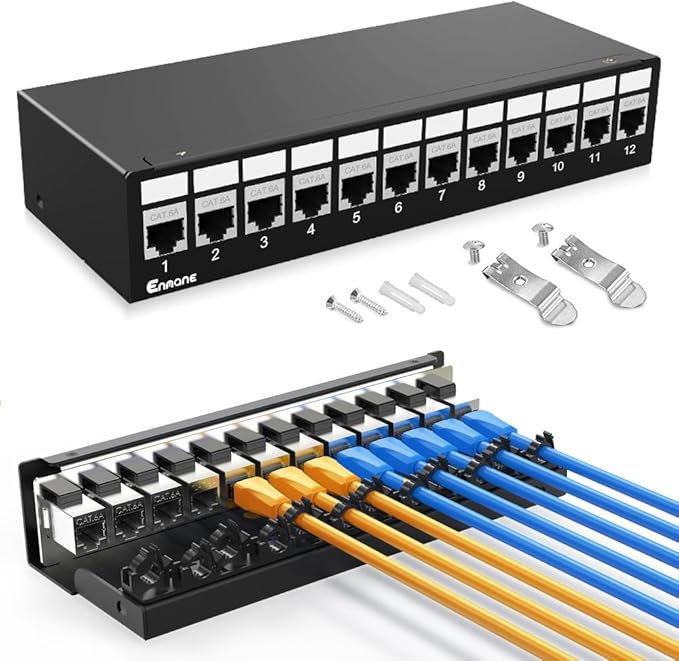 12Port Patch Panel CAT6A Keystone Patch Panel Shielded Network Patch Patch with Smart Cable Management for Home/Office Network (1U 12Port, CAT6A)