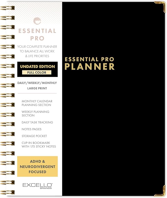 DELUXE ESSENTIAL PRO Undated Daily, Weekly & Monthly Planner,Monthly Tabs,Daily Tracking,Notes Pages,Storage Pocket,Bookmark w Sticky Notes (Black)