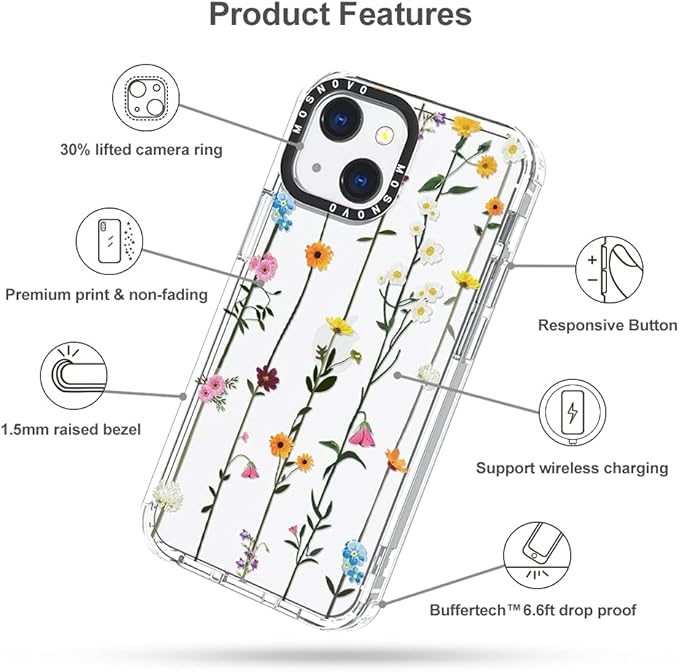 MOSNOVO Case for iPhone 13, [Buffertech 6.6ft Military-Grade Drop Protection] [Anti Peel Off Tech] Clear TPU Bumper Phone Case Cover Design - Wildflowers