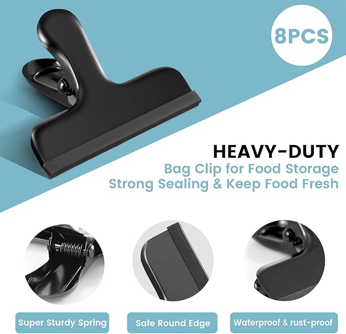 HOUSE AGAIN 8 Pack Stainless Steel Chip Bag Clips Covered with Silicone - NO More Sharp Edges - Color Coded for Food Bags - Air Tight Seal, Heavy Duty for Kitchen and Office, 3 Inches Wide, Black