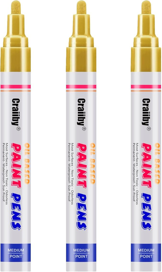 Gold Paint Markers, 3 Pack Oil-Based Waterproof Quick Dry Permanent Paint Pen Set for Rocks Painting, Wood, Fabric, Plastic, Canvas, Glass, Mugs, Metal, Tire, Stone, DIY Craft