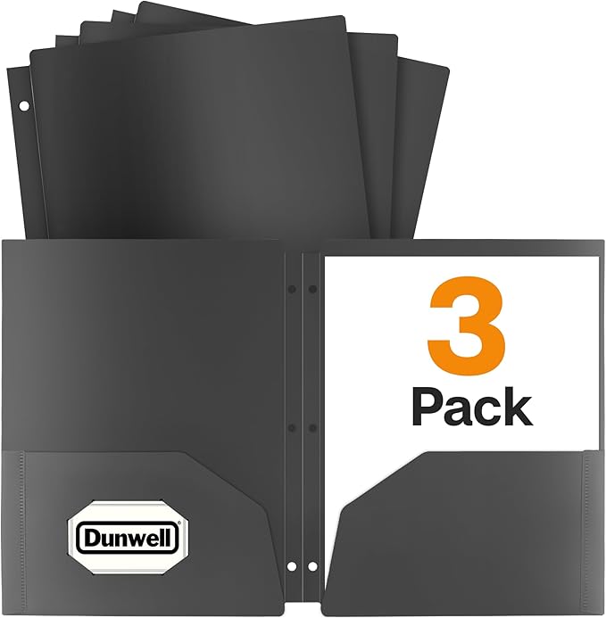 Dunwell Plastic 2-Pocket Folders for 3-Ring Binders, (3 Pack, Black) 3 Hole Punched, Divider Folder for Notebooks, Heavy Duty Poly, Fits 8.5x11 Sheets, Includes Labels