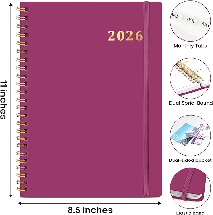 2026 Planner 8.5" x 11", Weekly and Monthly Calendar Planner Book, January 2026 - December 2026, Hardcover Spiral Planner with Monthly Tabs, Notes Pages, Perfect for Women & Men, A4 - Raspberry
