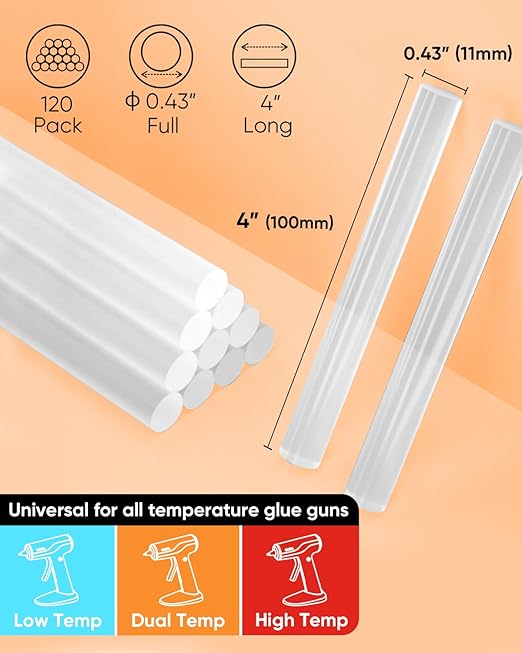SHALL Full Size Hot Glue Sticks, 0.43” Dia x 4” Long, 120-pack Clear Hot Melt Glue Gun Sticks for All-Temp Glue Guns, Multipurpose for Kids Adults DIY Art Craft Sealing Repairing Festival Decoration