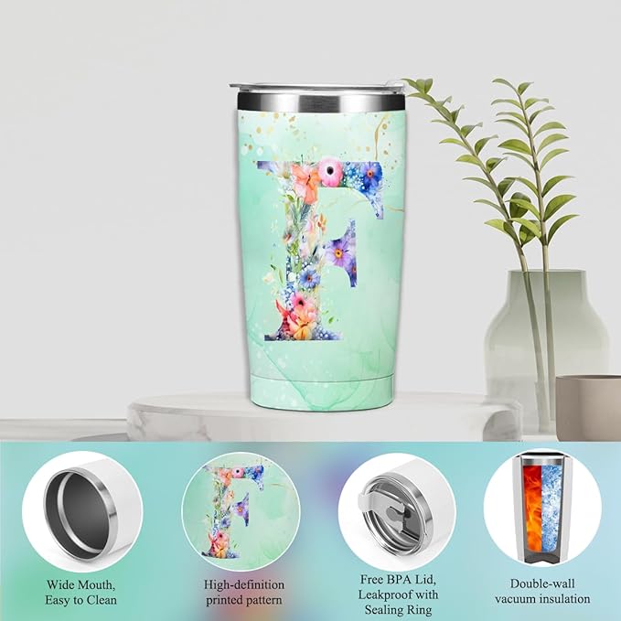 Personalized Gifts Monogrammed Birthday Gifts for Women, Aunt Grandma Retirement Christmas Initial 20 oz Tumbler, Makeup Bag Cup Ballpoint Pens Journal Notebook 6 Set, (Aesthetic Green Flower F)