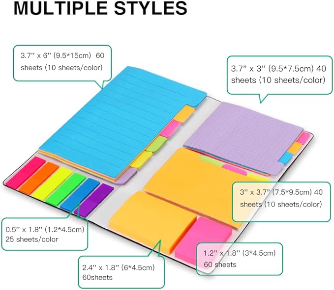 Sticky Notes Set, Hommie Colored Divider Self-Stick Notes Pads Bundle, Prioritize with Color Coding, 60 Ruled (3.7x6), 40 Dotted (3.7x3), 40 Blank (3x3.7), 60 Per Rectangular, 25 Per PET Color
