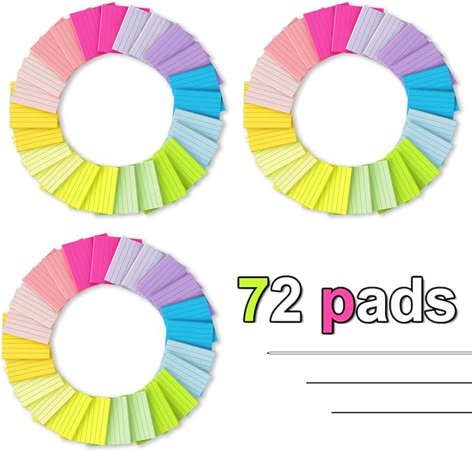 (72 Pads) Lined Sticky Notes 3x3 in Ruled Stickies Super Sticking Power Memo Pads Bright Colors