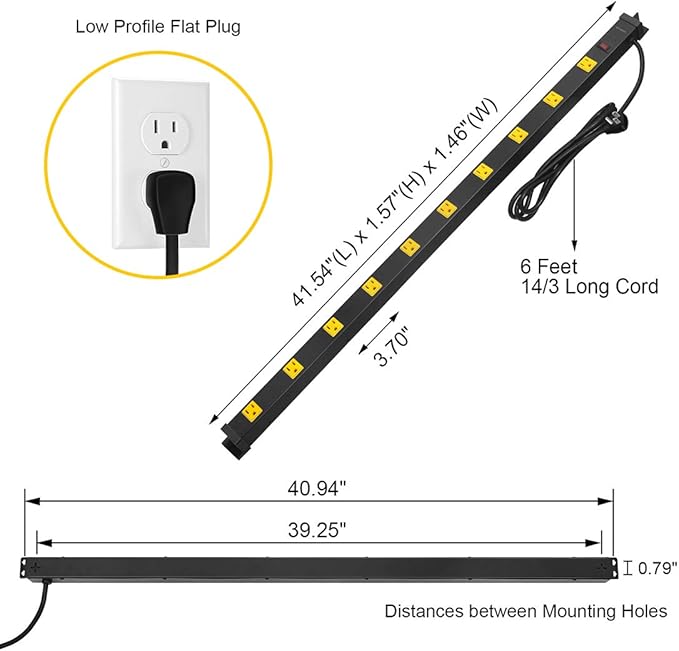 SURAIELEC 10 Outlet Long Power Strip Surge Protector, Industrial Heavy Duty Metal Shop Power Strip Flat Plug, 1000 Joules, 15 A Breaker, 6FT Cord, Wall Mountable, for Work Bench, Shop, Garage, 2 Pack