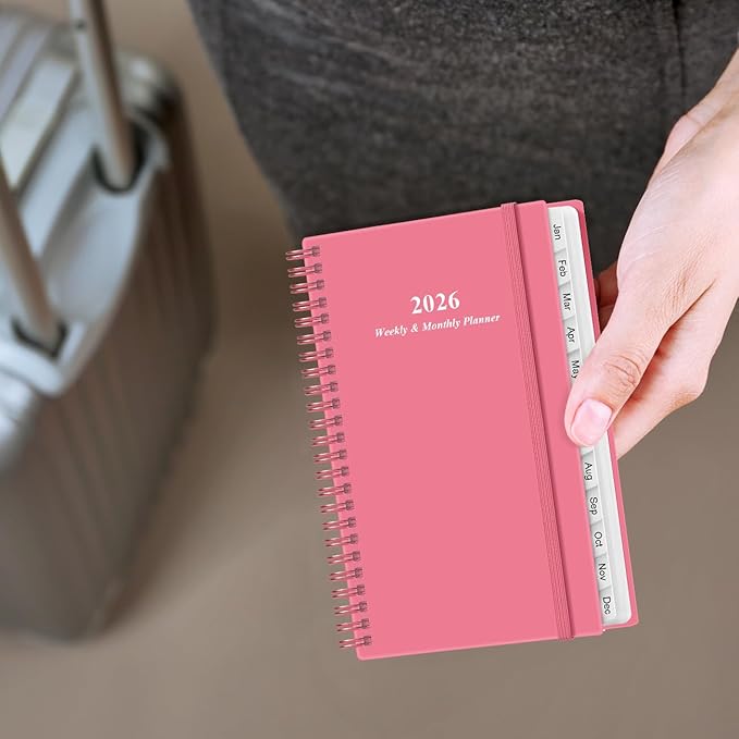 2026 Pocket Planner/Calendar - 2026 Planner from January 2026 - December 2026, Planner 2026 with 12 Tabs, Twin-Wire Binding, Inner Pocket, 3.75" x 6.75, Pink