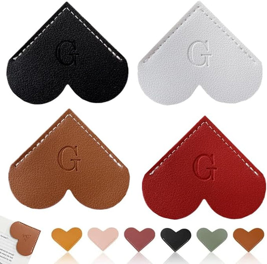 Personalized Leather Heart Bookmark, 26 Letters Customized Corner Book Mark for Reading, Book Holder Markers with Initials Page Book Accessories Cute Gifts (Black+White+Dark Brown+red,G)