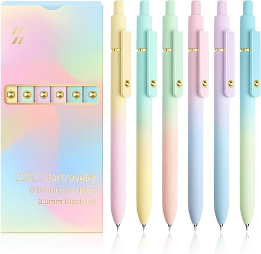 Gel Pens, 6 Pcs 0.5mm Fine Point Smooth Writing Pens Japanese Cute Pens, High-End Series Black Ink Pens for Journaling Note Taking, School Office Supplies for Women Men (6 Pcs Ombre)