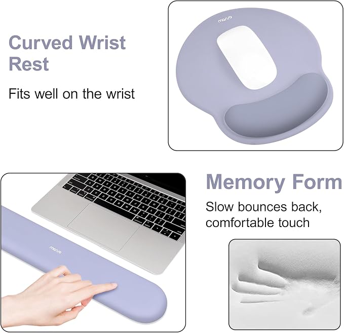 MOSISO Wrist Rest for Keyboard Mouse Pad Set,Large Gaming Deskpad&Circle Curved Mousepad&Keyboard Wrist Rest&Coaster,Ergonomic Non-Slip Mousepad&Easy Typing Pad with Curved Memory Foam,Lavender Gray
