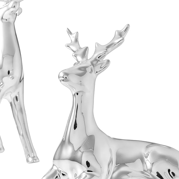 WDS WONDROUS Christmas Decorations Reindeer Figurines, Set of 2 Silver Deer Figurines Decor, Modern Xmas Reindeer Statue Indoor for Living Room Bedroom Office Christmas Village Shelf Winter Decor