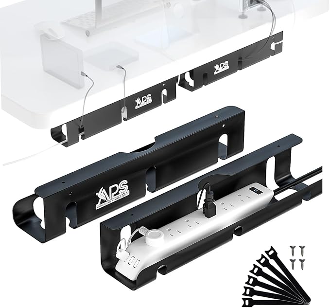 APS Under Desk Cable Management Tray, Two-Pack 16 Inch Black Metal Cord Organizer, Adhesive or Screw Mount for Glass/Marble/Office/Gaming Desk