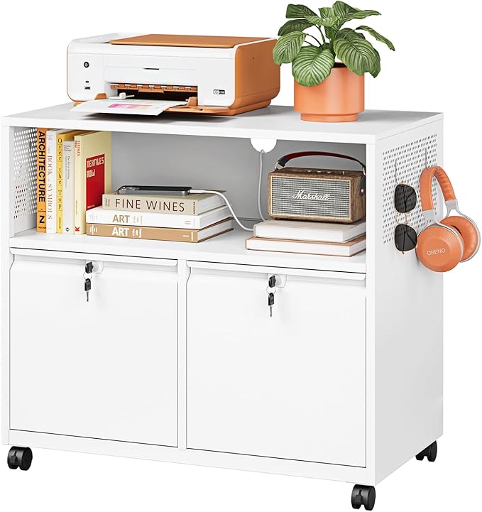 Metal File Cabinet,2 Drawer Lateral Filing Cabinet with Lock,Rolling Printer Stand Storage Cabinets with Shelves for Home Office Letter/Legal/A4 Size Files(White)