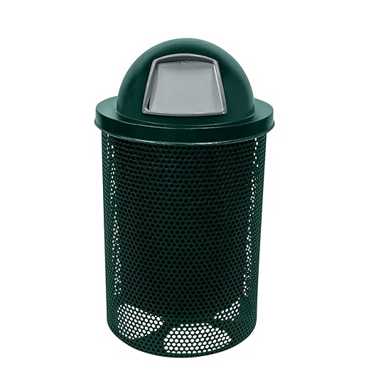 Coated Outdoor Furniture 32-Gallon Heavy-Duty Punched Steel Round Trash Receptacle, Commercial Outdoor Waste Bin with Liner & Dome Lid – Made in America (Textured Dark Green)