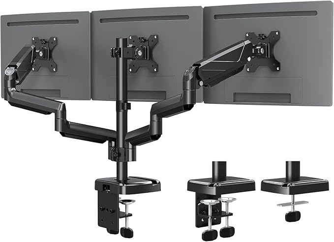 MOUNTUP Triple Monitor Mount, Three Monitor Desk Mount for Max 27 inch Computer Screens, Triple Monitors Stand with Gas Spring, Monitors Arm with Swivel, Tilt, Rotation, Each Arm Holds 4.4-19.8 lbs