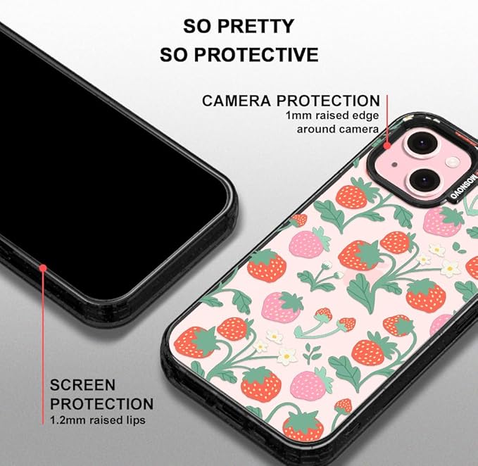 MOSNOVO Case for iPhone 15, [10ft 4X Military-Grade Drop Protection] Durable & Shockproof Phone Case Cover Design for iPhone 15 - Strawberry Garden - Clear Black