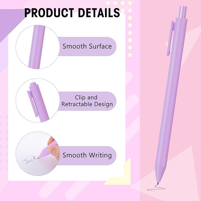 Teling 100 Pcs Ballpoint Pens Retractable Comfortable Cute Stylish Writing Pens in Medium Point 1.0 mm for Office Supplies(Light Purple)