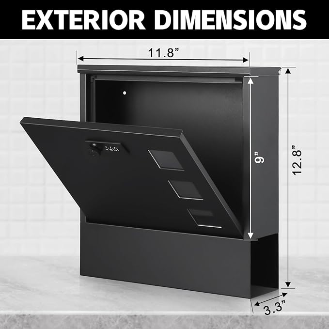 xydled Mailbox with Combination Lock,Large Capacity Wall Mounted Locking Security Mailbox,Large Mail Box with Newspaper Compartment, Black,12.8x11.8x3.3 Inch