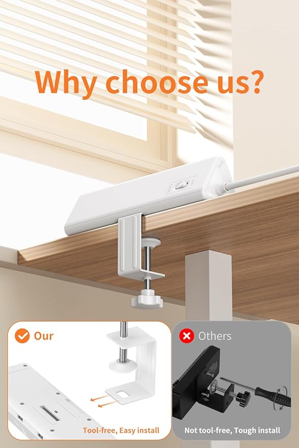 10 FT Desk Clamp Power Strip with 5 AC Outlets & 6 USB Ports PD 40W USB-C Fast Charging, 1250J Surge Protector, Fits 2.6 in top Edge White