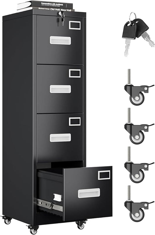 Aobabo File Cabinet 4 Drawer with Wheels, Lockable Office Metal Filing Cabinet with Name Card for Office and Home,Assembly Required,Black