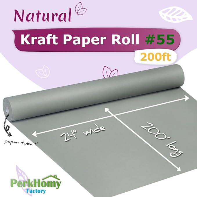 PerkHomy 24" x 2,400" (200') Light Grey Kraft Paper Roll for Craft Bulletin Board Paper Art Table Covering Crafting Gift Wrapping Bouquet Packing Parcel 80GSM 55LB (Light Grey, 24" x 200')