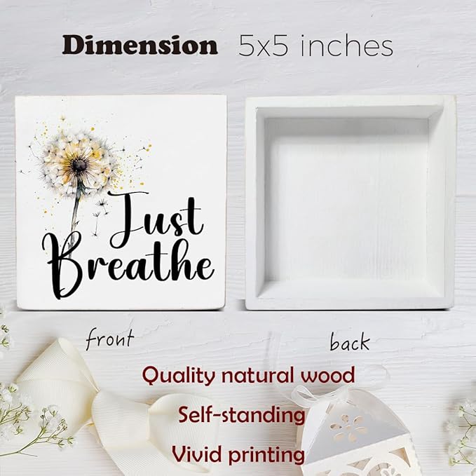Just Breathe Decor Gift for Friend Cowrker to Relax Positive Dandelion Quote Decorations Home Office Wood Sign for Desk Table Shelf 5 x 5 Inches
