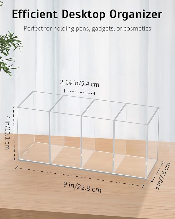 Uniclife Clear Acrylic Pen Holder for Desk, Plastic Pencil Holder Pen Organizer with 4 Compartments, Desktop Stationery Organizer for Office Home School, Vertical Makeup Brush Holder, 9" x 3" x 4"