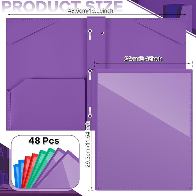 Henoyso 48 Pcs Plastic Folder with Clear Front Pocket and 3 Prongs Heavy Duty Plastic Folders with Card Slot Pocket Folders with Prongs for School Office Home(Multicolor)