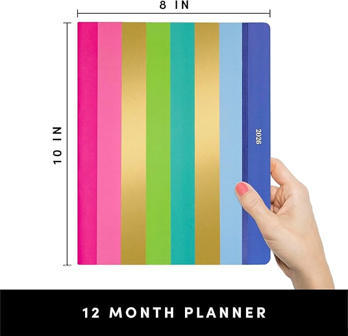 PAPERAGE 2026 Monthly Planner, 12 Months (January 2026 - December 2026), 8 in x 10 in, 2026 Planner with Large Monthly Spreads & Calendar Views, Note Pages, To Do Lists & Trackers, – Bright Stripes