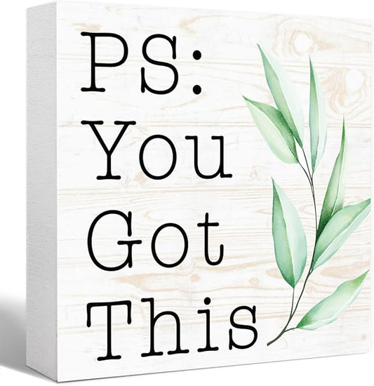 You Got This Sign Wood Box,Funny Inspirational Quote Wooden Block Sign for Home Office Tabletop Shelf Decor 5" x 5",Motivational Desk Decor Accessories for Women