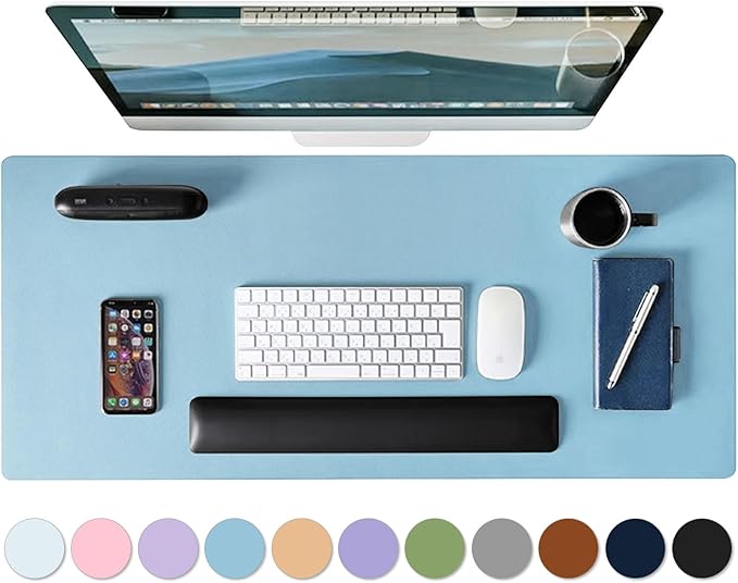 Leather Desk Pad Protector, Mouse Pad, Non-slip Computer Mat for Desk, PU Leather Office Desk Mat for Home & office, Waterproof Laptop Desk Blotter Pad for Keyboard and Mouse, Sky Blue (13.7''X23.6'')