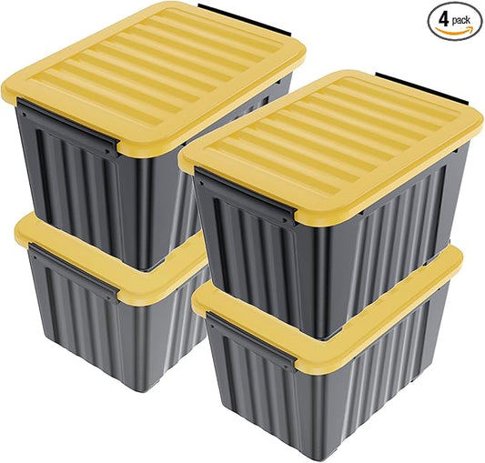 Nazhura 72 Quart Plastic Storage Bin, Stackable and Nestable Storage Boxes with Yellow Lids and Secure Latching Buckles, Large Storage Container (Black/Yellow, 72Quart-4Pack)