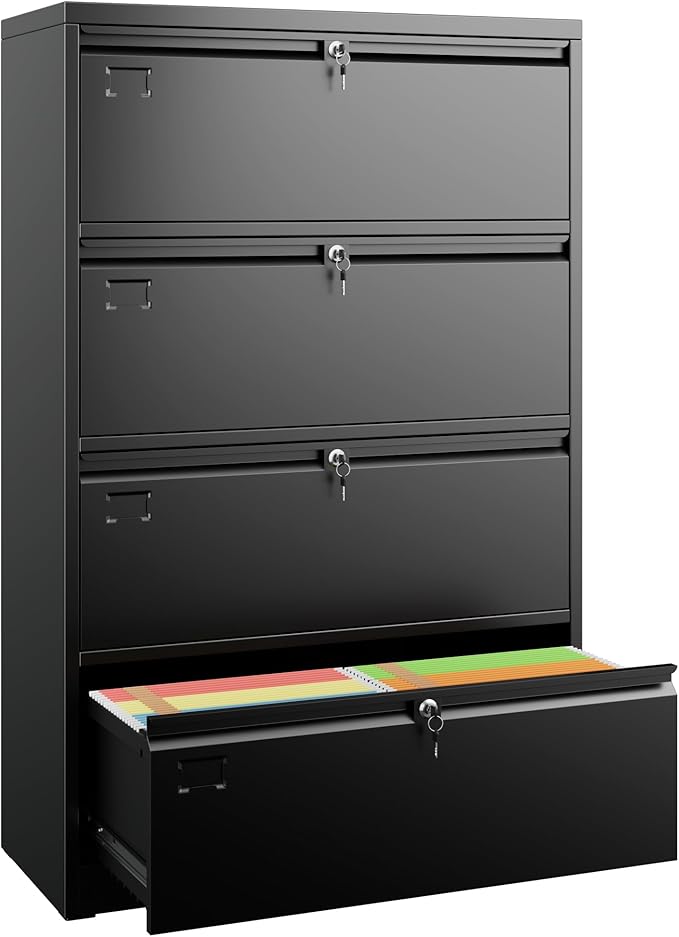 SUXXAN 4 Drawer File Cabinet, Lateral Filing Cabinet with 4 Locks for Home Office, Black File Cabinets with Business Card Holder for Letter/Legal/F4/A4 Hanging Files