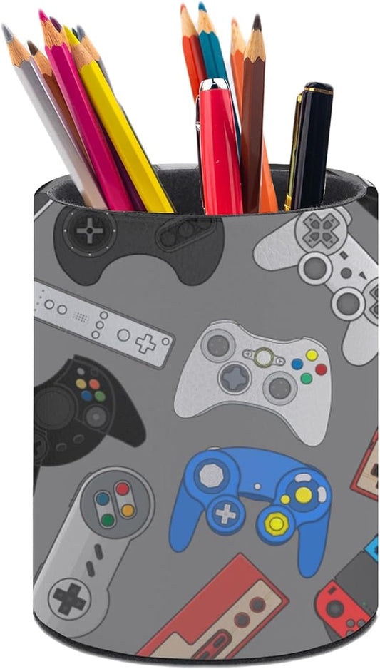 Funny Video Game Pen Holder Pencil Organizer Cute Pencil Cup Desk Decor Makeup Brush Holder PU Multifunctional Office Suppliesfor Home Classroom School