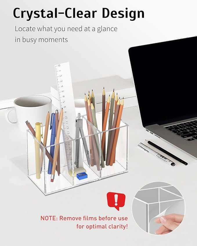 Uniclife Clear Acrylic Pen Holder for Desk, Plastic Pencil Holder Pen Organizer with 3 Compartments, Desktop Stationery Organizer for Office Home School, Vertical Makeup Brush Holder, 6.8" x 3" x 4"