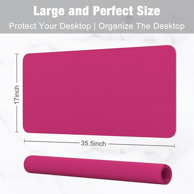 Hsurbtra Desk Pad, 35.5" x 17" PU Leather Desk Mat, XXL Extended Mouse Pad, Waterproof Desktop Blotter Protector, Non-Slip Ultra Thin Large Laptop Keyboard Writing Mat for Office Home, Bright Rose