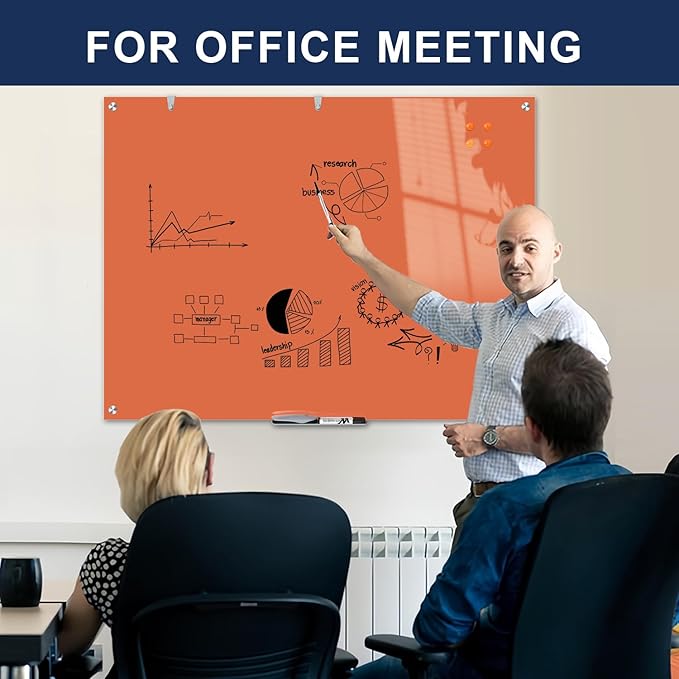 TSJ OFFICE Glass Dry-Erase Board - 48 x 36 Inches Wall Mounted Magnetic Whiteboard, Large Frameless Glass White Board for Office, Home & School, Orange