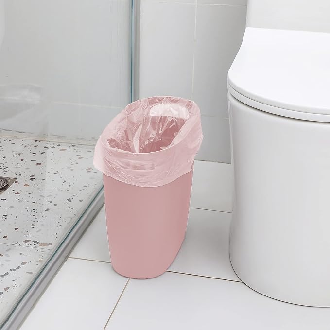 JiatuA Plastic Small Trash Can Slim Waste Basket with Handles 3.2 Gallon Narrow Garbage Container Bin for Bathroom, Bedroom, Kitchen, Home Office Under Desk, Dorm, Laundry Room, Kids Room, Pink