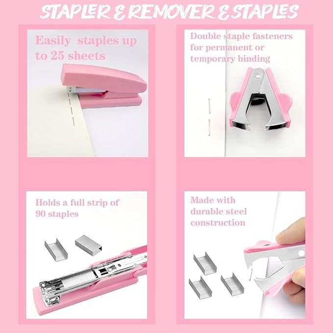 Pink Desk Accessories Set, 17Pcs Pink Office Supplies Kit Include Mesh Desk Organizer, Stapler, Tape Dispenser, Staple Remover, Pen Holder, Clips, Pens, Ruler, for Office Home School Women