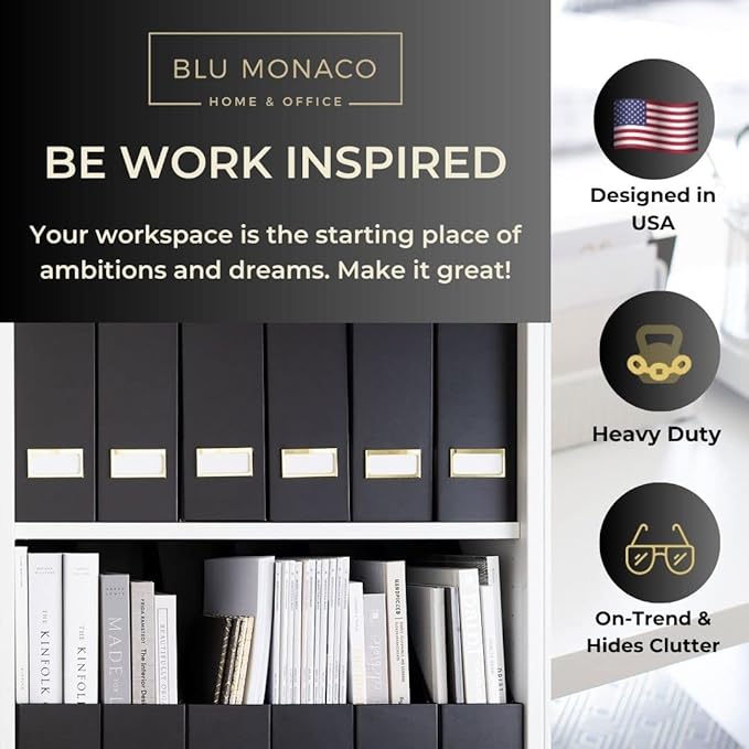 BLU MONACO Declutter in Style - Set of 6 Black Foldable Magazine File Holders with Gold Label Holders - Cardboard Magazine Storage Box & Desk Organizer for Workspace and Shelves