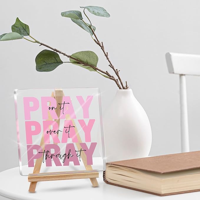 Pink Office Desk Accessories Acrylic Decor Sign, Dorm Room Decor for Women, Inspirational Christian Gifts- Pray on It- Bible Verse Desk Art, Include A-Shaped Wood Display Easel
