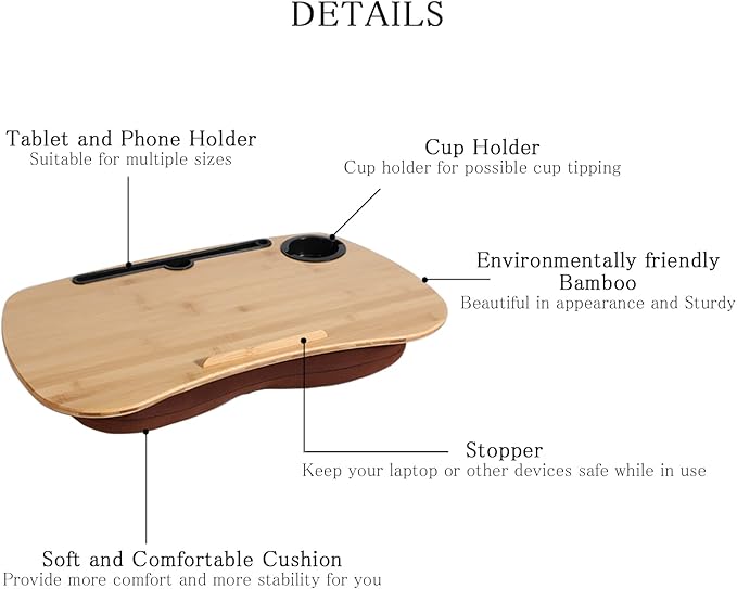 SUMISKY Lap Desk-Portable Laptop Table with Cushion Bamboo Platform Phone Holder L(21.6"x13.8") with Cup Holder