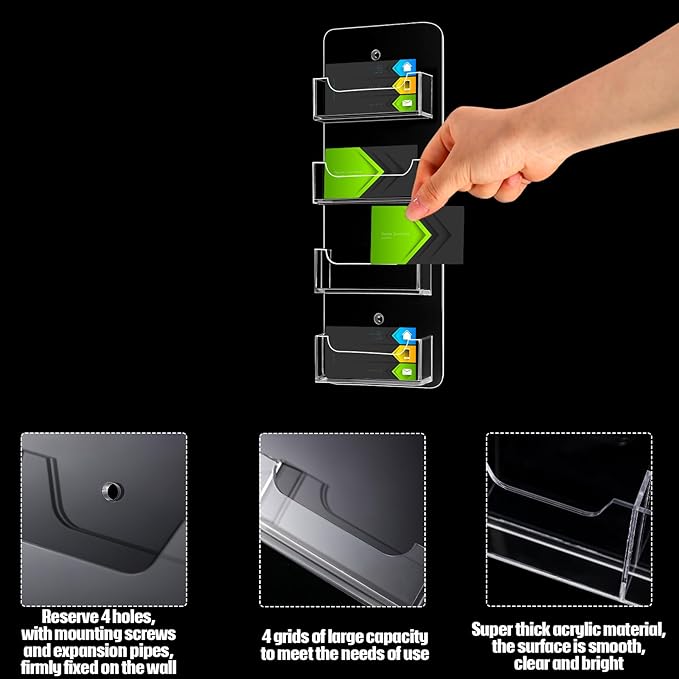 Hillban Acrylic Business Card Holder Wall Mount Clear Sticker Display Rack Multiple Card Holders Clear Acrylic Organizing Sticker Display Stand Pre Drilled(4 Pockets)