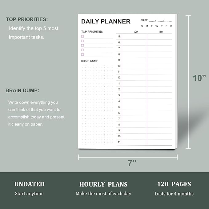 Tiankool To Do List Notepad - Daily To Do List with Priorities, Hourly Scheduler and Notes - Daily Planner Notepad for Work, Study, Appointments, 60 Tear Off Sheets Planning Pad, 7x10 Inch