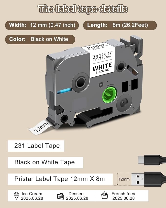 Replace for Brother Label Maker Tape 12mm 0.47 Laminated Black on White TZe-231 TZe231 TZ Tape, PTouch Compatible with Brother P Touch D210 D220 H110 D600 D400 1750 2030 Label Maker Refills, 5X